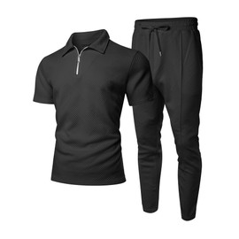 UOUA Mens Sweat Suits Set Tracksuit 2 Piece Outfits Short Sleeve Casual Sweatshirt & Loose Jogging Pants Polo Track Suit Loungewear Athletic Sweatsuit Black 3XL
