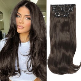 [NEW IN] Vigorous Clip in Hair Extensions Long Wavy Synthetic Hairpieces for Women and Girls, Easy to Install for Daily Use and Event Party Use:_5PCS-6/8# Brown（20inch）