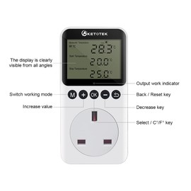 KETOTEK Day Night Temperature Controller Plug Outlet Digital Thermostat Socket Heating Cooling Temp Controller with Sensor Timer Switch for Reptile Greenhouse Brewing Refrigerator