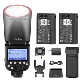 Godox V1S USA Version Flash with 2pack 76Ws 2600mAh Battery 2.4G TTL Round Head Speedlight 480 Full Power Shots 1/8000s HSS 1.5s Recycle Time 10 Level LED Modeling Lamp for Sony ZV-E10,α7711 etc