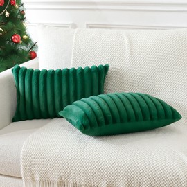Soleebee Set of 2 Throw Pillow Covers Soft Cozy Velvet Pillowcase Faux Rabbit Fur Cover for Couch Sofa Bed Chair Home Decorative Pillows Cover (12x20 Inch, Christmas Green)