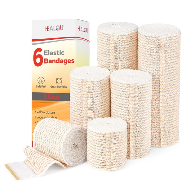 HEALQU Elastic Bandage - Self-Closure Compression Wrap for Legs, Knees, Ankles, Wrists, Elbows, Shoulders - Total of 6 Rolls (2 Rolls of 2"-3"-4" Inch by 5 Yards) Athletic Stretchable Bandage Wrap
