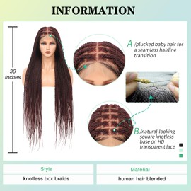 Fecihor 360° HD Full Lace Knotless Braided Wigs for Women Box Braid Wig with Baby Hair Human Hair Blended Natural Looking Burgundy Braided Lace Front Wigs 36 Inch