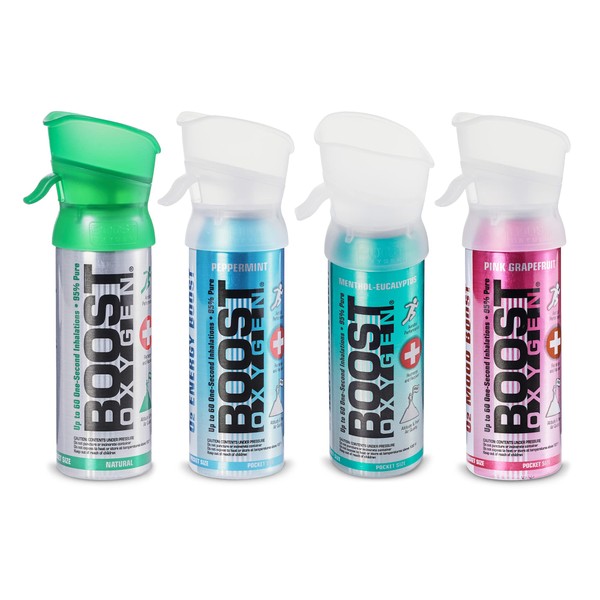 Boost Oxygen Pocket Size 3 Liter Canister Variety Pack | Includes 1 Natural, 1 Peppermint, 1 Menthol-Eucalyptus & 1 Pink Grapefruit (4 Pack)