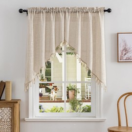 Beda Home Tassel Linen Textured Swag Curtain Valance for Farmhouses’ Kitchen; Light Filtering Rustic Short Swag Topper for Small Windows Bedroom Privacy Added Rod Pocket Design (36W x 45L, Nature)