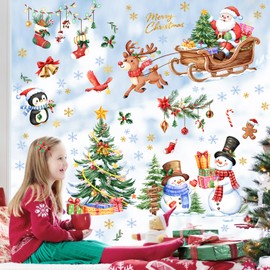 Large Christmas Window Clings Christmas Tree Santa Claus Reindeer Snowman Snowflake Xmas Window Stickers Decals for Winter Holiday Decorations Home Decor Party Supplies