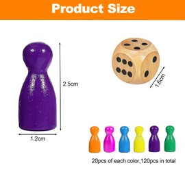 chiquieray Game Figures for Board Games, 120 Pieces Toy Figures and 6 Wooden Cubes, Colourful Wooden Toy Figures for Board Games, Colourful Toy Figures (Red, Yellow, Blue, Green, Purple, Orange)