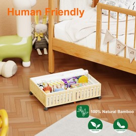 Landmok Bamboo Under Bed Storage Containers, UnderBed Storage with Wheels & 40L Large Capacity Dust Bag, Sturdy Rolling Under Bed Clothes Storage for Shoes Toy Book, Nature, 1Pack (24.02" × 16.54")