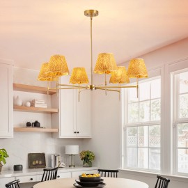 Boho Rattan Chandelier 6-Lights Rustic Industrial Pendant Light Large Adjustable Pendant Lighting Fixtures FovLiving RoomLamp Power(W): 100, Product Size: 95x95x27cm