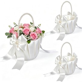 Flower Girl Basket Set of 3, with Pearl Handle & Satin Bow for Weddings, Ivory