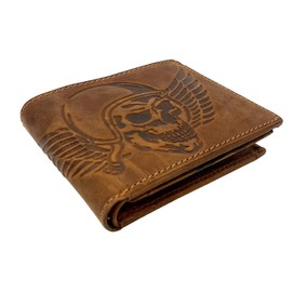 Jockey Club Real Leather Wallet Horizontal Hunter Leather Wallet with RFID Protection Skull Wing of Hell, brown, coin purse