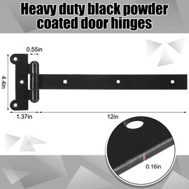 Moxweyeni 4 Pack 12" Black T-Strap Gate Hinges Heavy Duty Hinges Door Shed Barn Gates Hinges with 24 Mounting Screws 4 mm Thick Carbon Steel Construction with Powder Coating Matte Black Fence Hinges