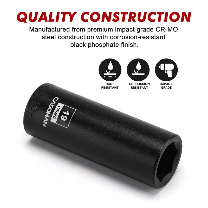 CASOMAN 1/2-Inch Drive x 19mm Deep Impact Socket, 6-Point, Metric,