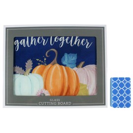 Decorative Fall Glass Kitchen Cutting Board: Colorful Gather Blue Orange Pink Pumpkin Gourd Design