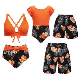 Matching Family Swimsuits Ruffle Bathing Suits Mommy and Me Swimwear Two Pieces Bikini Set, Orange, 4-5T