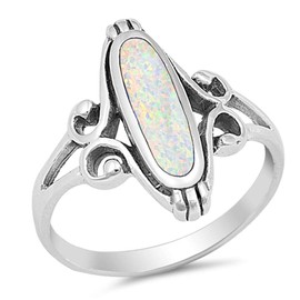 Long Wide Filigree Swirl White Simulated Opal Oval Ring .925 Sterling Silver Celtic Band Size 7