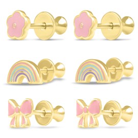 Gold Plated 3-Pair Set Bow Ribbon, Rainbow, Flower Mini Stud Earrings