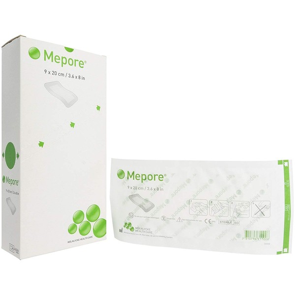 Mepore Self-Adhesive Absorbent Dressing. Size: 3.6" x 8" (9 x 2cm) Quantity: Box of 60