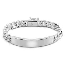 H&Beautimer 925 Sterling Silver Bracelet 10/12MM Cuban Chain Bracelet Fine Jewelry Men Silver Brand Chain 7,7.5,8,8.5,9,9.5,10'' Birthday Gift (10MM Glossy Brand, 8 Inches)