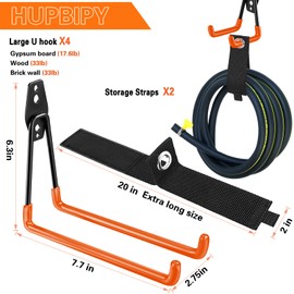 HUPBIPY Heavy Duty Garage Hooks 4 Pack, 7.7 inch U Shaped Long Hanger, with 2 Extension Cord Holder Organizer, Wall Mounted Storage System, for Power and Garden Tool Hanging， Ladders, Bikes, Hose