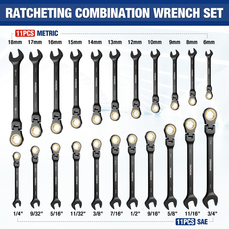 WORKPRO 22-piece Ratcheting Wrench Set with 180° Flex Head, Anti-Slip