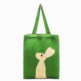 cute bunny tote bag, crochet green tote bag for women, small knitted bag aesthetic boho shoulder bag handbag, kawaii funny bunny graphic bag, green gifts stuff things for women ﻿