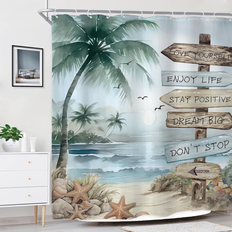 Riyidecor Tropical Beach Palm Tree Shower Curtain for Bathroom Decor