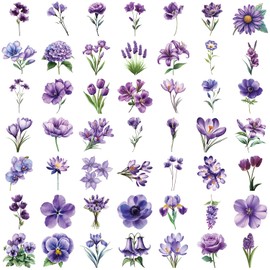 50PCS Purple Flowers Transparent Stickers for Journal Laptop Computer Luggage Notebook Scrapbook Phone Water Bottle Helmet,Floral Botanical Waterproof Decals for Teen Kids Adults Gift