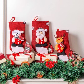 Azuki Christmas Stocking 3 Pack, Santa,Snowman,Reindeer,Bear Christmas Decorations and Party Accessory, Red