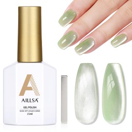 AILLSA Glass Cat Eye Gel Nail Polish, 15ml Green Glitter Jelly Sheer Gel Polish, Translucent Magnetic Shimmer Sparkle St. Patrick's Day Nail Art U V Gel Salon 0.5 OZ GF41