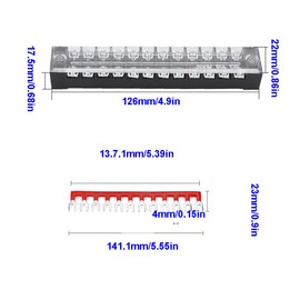 Ruidee 12pcs (6 Set) Terminal Block 12 Positions Dual Rows Covered Screw Terminal Block 600V 15A + 6Pcs 12 Positions Pre-Insulated Fork Terminal Barrier Strip Red/Black 400V 15A TB-U1512