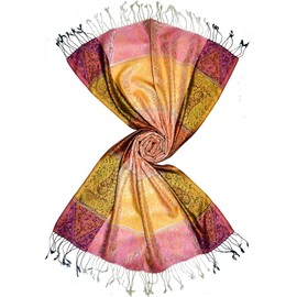 Lorenzo Cana Pashmina Scarf Jacquard Woven Women's Scarf 100% Silk Paisley Pattern Silk Scarf Silk Scarf 78659, Yellow-orange