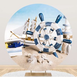Laeacco 7.5x7.5ft Nautical Rudder Round Backdrop Blue White Rudder Helm Sailboat Lighthouse Circle Backdrop Cover Seaside Beach Sand Photo Background for Baby Shower Birthday Party Photo Booth Props