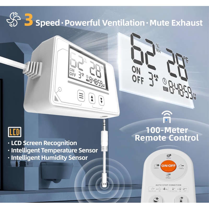 3 Speed Bathroom Fan with Humidity Sensor with Remote Control,
