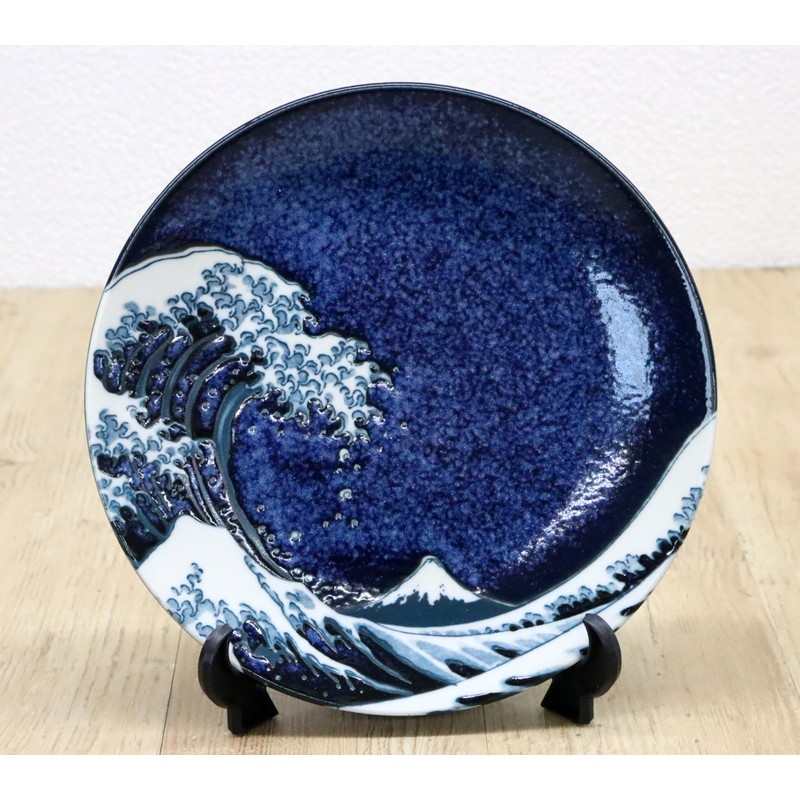 Japanese Souvenir Picture Plate Wave Fuji Mt. Fuji Blue (With