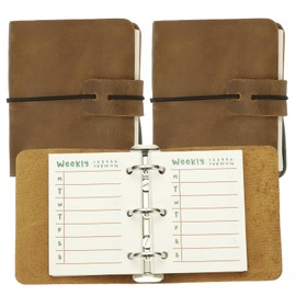 PATIKIL A9 Leather Journal, 2Pcs 3 Ring Notebook Binder Planner Loose Leaf 60 Sheets Paper Refillable for Business Office Study Writing, Brown