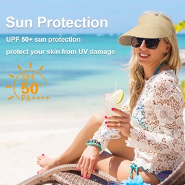 BOYSSPAA Adjustable Women's Sun Hats Foldable and Packable Straw Visor Hat Sun Visors for Women UPF 50+ for Sun Protection During Travel (UK, Alpha, One Size, White)