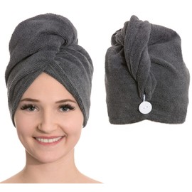 ZOLLNER Microfibre Hair Turban Set of 2 Grey Button Closure