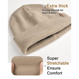 FURTALK Mens Beanie Fleece Lined Winter Hats Double Layered Stylish Knited Cuffed Plain Hat Khaki