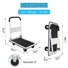 LEADALLWAY Foldable Push Cart Platform Cart 330lbs Capacity 4 Wheels 28.7x18.5x32.3inches White with 2 Ropes Small Flatbed Cart