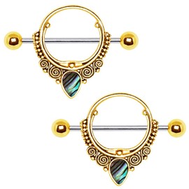 Cocobul Body Jewelry Pair of Gold Plated Ornate Nipple Shield with Tear Drop Abalone 14 Gauge 1"