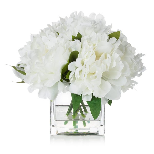 ENOVA FLORAL 7 Heads Peonies Artificial Flowers in Vase, Small