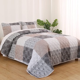 HOMBYS 132x120 Oversized King Bedspread, 3PCS Lightweight & Soft Oversized King Quilt Set, Patchwork Floral Coverlet with Shams for All Seasons, (Grey&White&Brown)