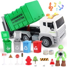 1/12 Friction Powered Garbage Truck Toy with Light and Sound, Back Bump, Waste Management Recycling Truck Learning Toy Set with 4 Trash Cans, Birthday Party Gift for 3 4 5 6 7 8 Years Old