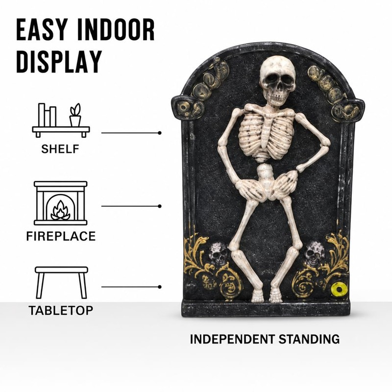 Halloween Skeleton Tombstone Figurine - Spooky Graveyard Indoor Decor Prop