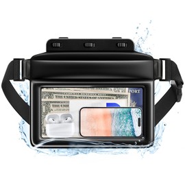 JOTO Bolsa Impermeable Flotante para Celular, IPX8 Impermeable Riñonera Seca con Correa Ajustable para Cintura para Móvil Universal y Objetos Piezas Llaves para Playa Natación Kayak Náutica -Negro