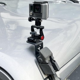 RERPRO for GoPro Action Camera Mount Holder for 2007-2018 Jeep Wrangler JK Unlimited 2 Door 4 Door Accessories Hood Latch Mounting 360° Adjustable Aluminum Black with Red Star Rail Stand