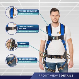 Palmer Safety Hammerhead Safety Harness, Padded Back Support, QCB, Grommet Legs, 6' Safety Lanyard with Rebar Hooks, OSHA ANSI Industrial Roofing Tool Personal Equipment (Blue - 3XLG)