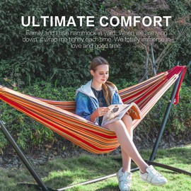 PNAEUT PNAEUT 2-Person Hammock with Space Saving Steel Stand Garden Yard Outdoor 450lb Capacity Double Hammocks and Portable Carrying Bag (Red)