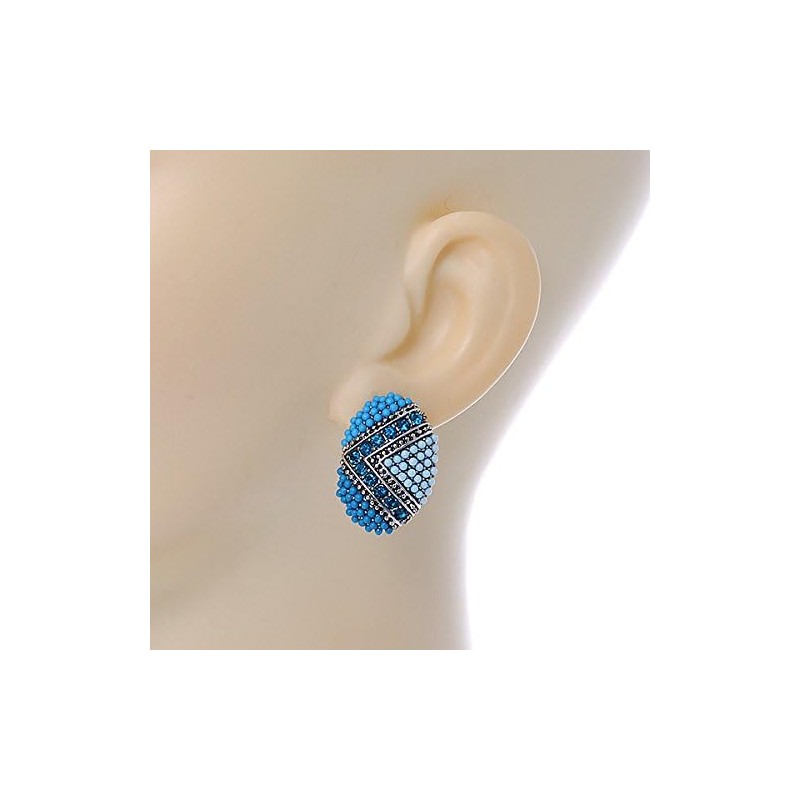 Boho Style Blue/Teal/Light Blue Beaded Oval Stud Earrings/ 25mm Long